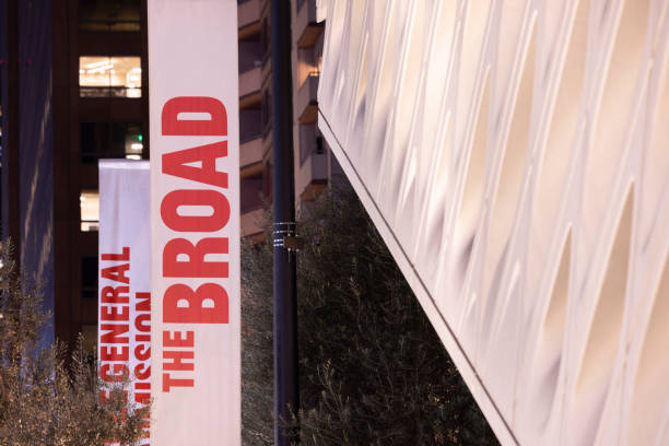 Los Angeles, California, USA - November 29, 2024: Evening lights illuminate The Broad, a new contemporary art museum in downtown.