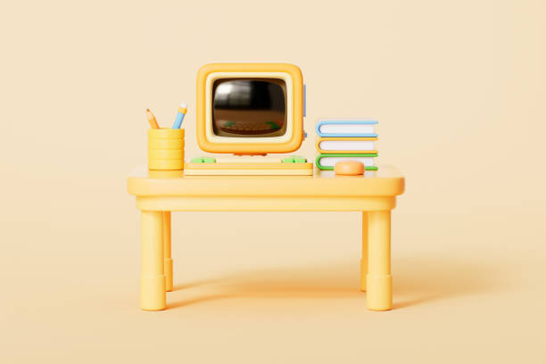 istock 3d rendering cartoon computer and books in yellow background 2188293004