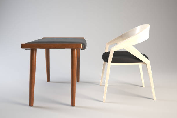 istock Modern wooden chairs and benches have dark fabric seats. 2188294144
