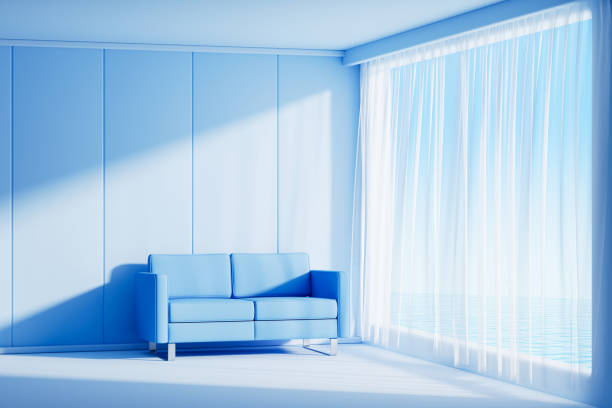 Modern indoor empty frame blue background. Digitally generated image. 3d render.