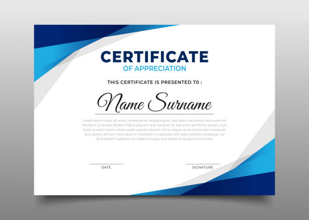 design der geschäftszertifikatsvorlage mit moderner geometrischer blauer überlappender rahmendekoration - urkunden stock-grafiken, -clipart, -cartoons und -symbole