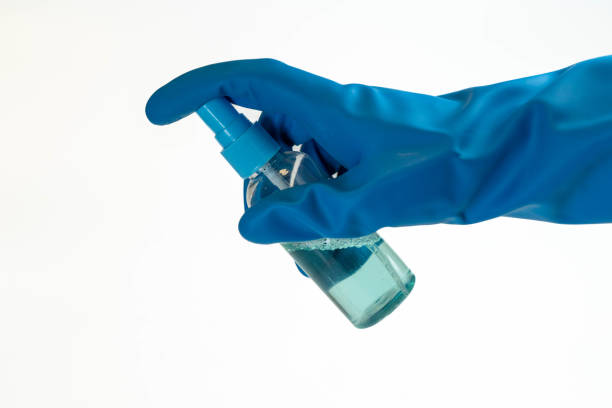 istock A hand in a blue rubber glove spraying disinfectant on a white background, emphasizing sanitation and cleanliness. 2188304001