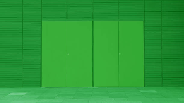 Green door and green wall panel texture background