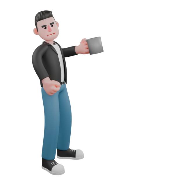 istock Cartoon Cameraman Design Style Creative Artwork 3D. A Male Cameraman stands facing left with one hand holding a cup of coffee. Illustration 2188307742