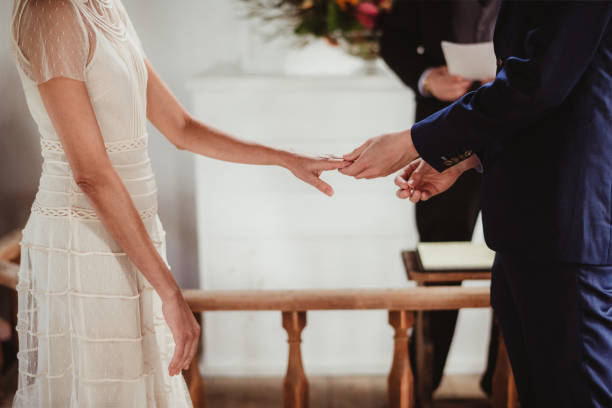 istock Bride and groom exchanging rings during wedding ceremony 2188308395