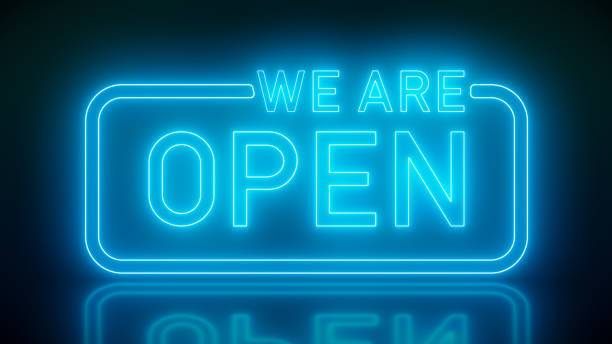 istock Illustation of glowing neon sign with message, we are open in blue 2188308444