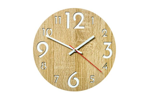istock Wooden mechanical clock with hands on a white background. 2188316152