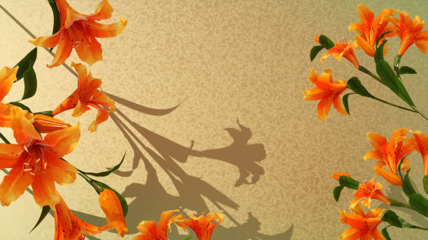 Vibrant orange lilies, textured beige background, shadow play, whimsical fairy silhouette, botanical illustration, elegant composition, soft lighting, high contrast, macro photography, digital art, surreal elements, nature-inspired, fantasy concept, delicate petals, green stems, artistic shadows, magical atmosphere, warm color palette, floral arrangement, ethereal mood