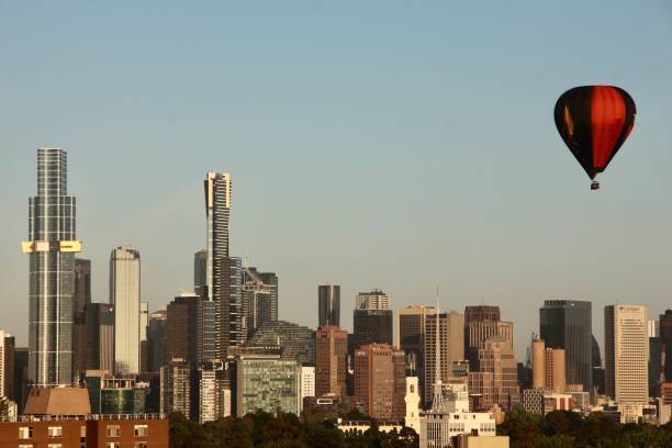 istock hot air balloon over Melbourne 2188319301