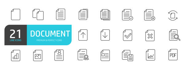 illustrazioni stock, clip art, cartoni animati e icone di tendenza di set di icone di linea relative al documento, lettera di file. raccolta di icone di contorno. tratto modificabile. illustrazione vettoriale. - documenti