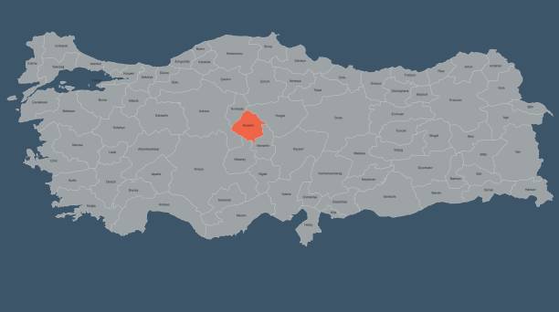 Map of Turkey Highlighting Krehir Region with Labeled Provinces Map of Turkey Highlighting Krehir Region with Labeled Provinces diyarbakıreskort stock illustrations
