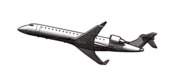 Black and white engraving of Commercial Airliner flying, cut out on white background