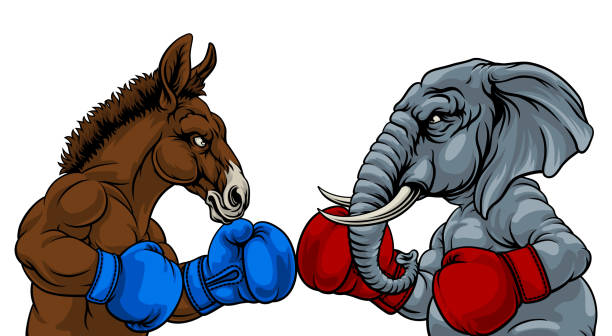 Republican Democrat Elephant Donkey Election Republican and democrat elephant and donkey facing off American election party politics concept republican elephant logo stock illustrations