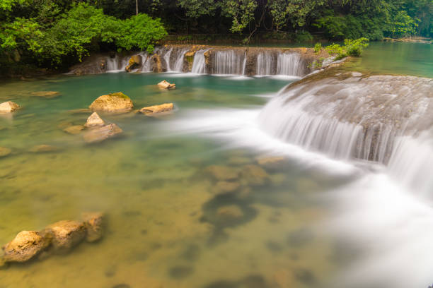 Xiaoqikong scenic natural scenery, 68 level drop waterfall shot on the long exposure, copy space
