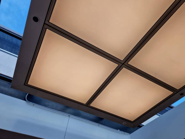 istock large-area lights in square shapes are matte diffused overhead lighting. skylight above the gallery 2188336733
