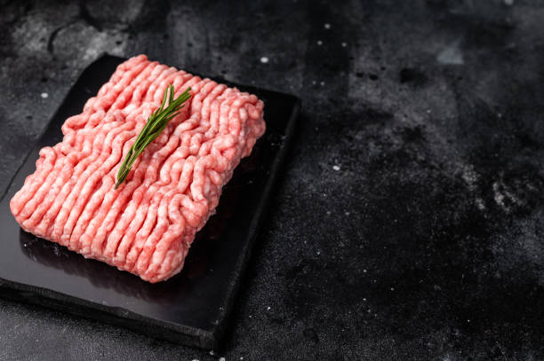 istock Raw ground pork meat, mincemeat. black background. top view 2188343816