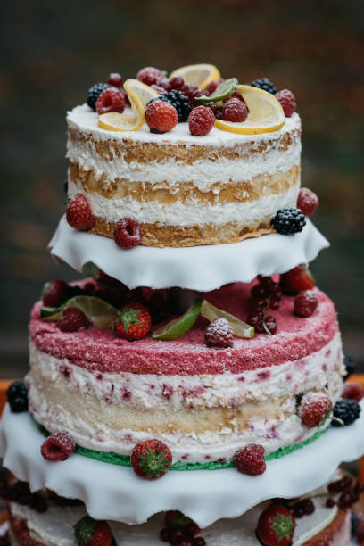 Two-tiered naked wedding cake decorated with fresh raspberries, blackberries, strawberries, and lemon slices. The cake features exposed layers with white cream filling, creating a rustic, semi-naked effect. The top tier has a vanilla base with citrus accents, while the bottom tier showcases a pink-tinted layer. Both tiers are garnished with fresh berries and displayed on white cake stands with a natural, outdoor backdrop.