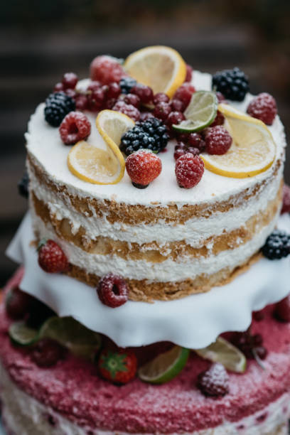 Two-tiered naked wedding cake decorated with fresh raspberries, blackberries, strawberries, and lemon slices. The cake features exposed layers with white cream filling, creating a rustic, semi-naked effect. The top tier has a vanilla base with citrus accents, while the bottom tier showcases a pink-tinted layer. Both tiers are garnished with fresh berries and displayed on white cake stands with a natural, outdoor backdrop.