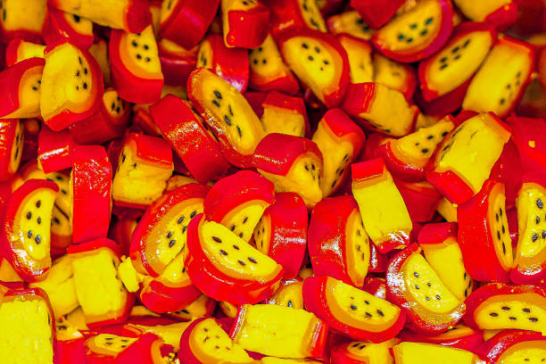 Assorted colorful gummy jelly candies. Top view. Jelly sweets. Gummy candies