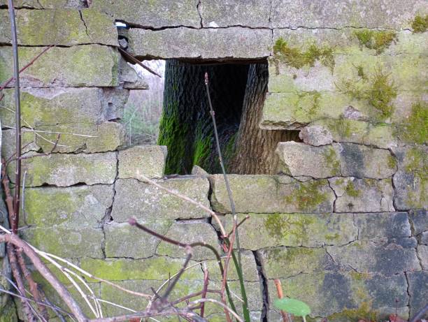 Big hole in concrete old gray wall. Old wall destroyed by time. Old gray concrete background.