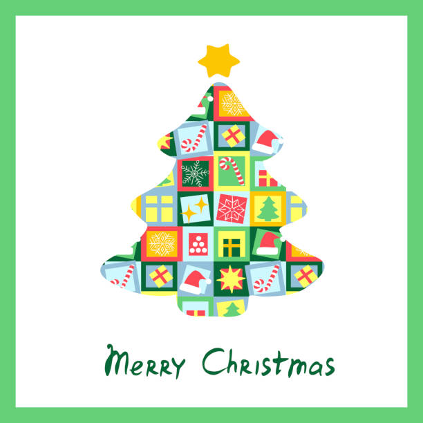istock Christmas tree in modern minimalist geometric style. Winter template, poster, card. Colorful illustration in flat cartoon style. Xmas tree with simple holidays simbols, abstract vector 2188359683