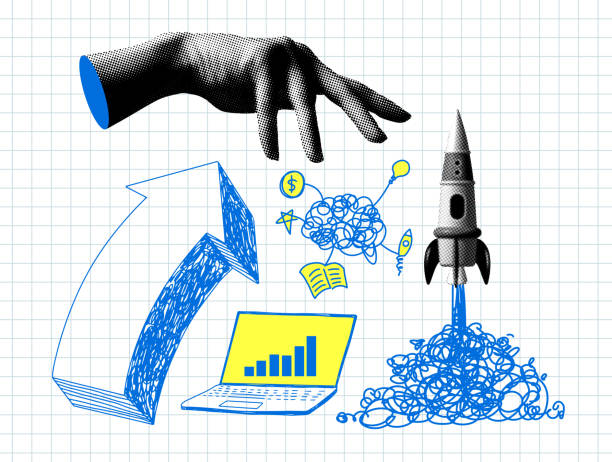 Modern collage with halftone hand controlling business processes. Data analytics Modern collage with halftone hand controlling business processes. Data analytics. Leadership concept. Startup concept with arrow up, rocket, laptop with sales chart. Elements from newspaper new business stock illustrations