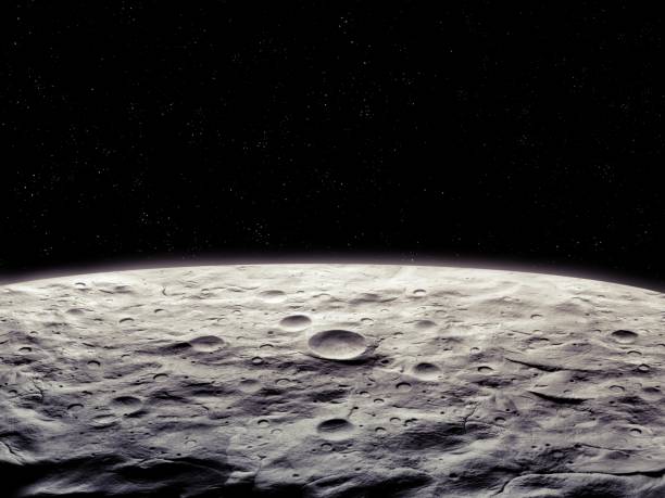 Planet with craters in space. Surface of a rocky satellite. Alien landscape. Planet without atmosphere.