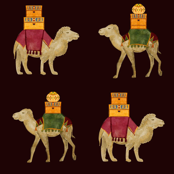 istock Camel with saddle blankets and chests with gifts Christmas watercolor illustration. on black ackground 2188376046