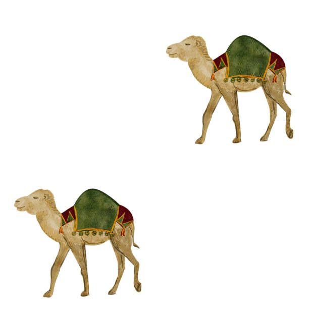 istock Camel with rich green saddle blanket Christmas watercolor seamless pattern isolated on white. 2188376063