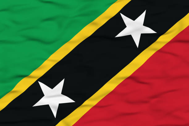 The national flag of Saint Kitts and Nevis depicted waving in the wind, featuring a diagonal black stripe bordered in yellow, with green and red sections and two white stars. This vibrant design symbolizes unity and independence.