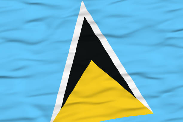 The national flag of Saint Lucia depicted waving in the wind, featuring a sky-blue background with a unique emblem of a black and white triangle outlined in yellow, symbolizing unity and cultural heritage. The design is softly rippled to give a realistic waving effect.