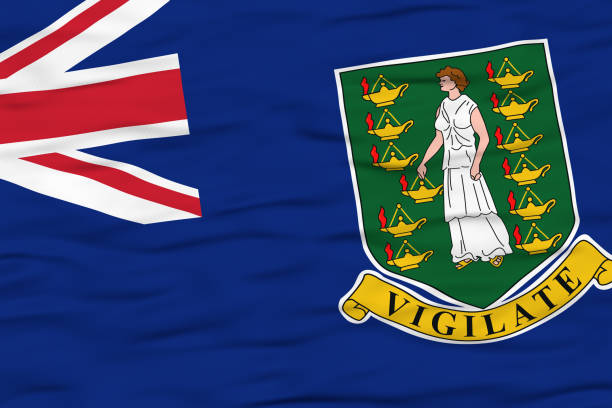 The national flag of the British Virgin Islands depicted waving in the wind, featuring a blue field with the British Union Jack in the top left corner and the territory's coat of arms on the right. The coat of arms includes Saint Ursula surrounded by golden lamps, symbolizing the islands' history and identity.
