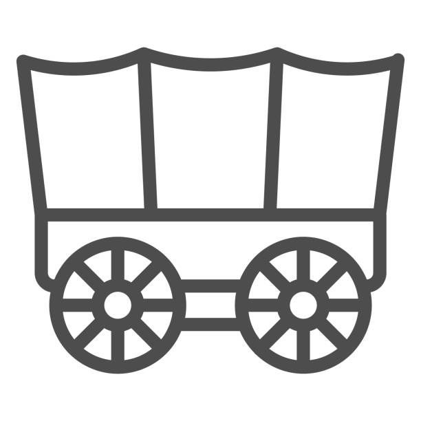 Horse wagon line icon, west desert transport concept. Vector graphics. Caravan wheels trolley sign on white background, outline style icon for mobile or web design. Horse wagon line icon, west desert transport concept. Vector graphics. Caravan wheels trolley sign on white background, outline style icon for mobile or web design gypsy caravan stock illustrations