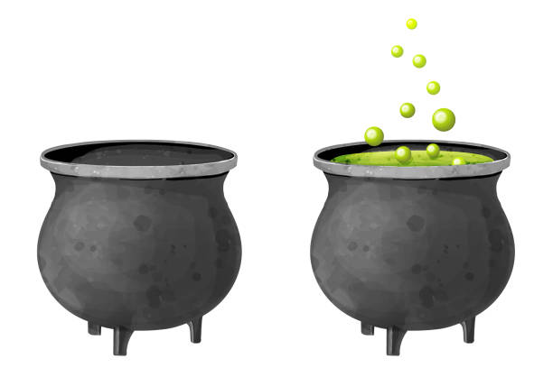 Cauldron with boiling potion. Vector Cauldron with boiling potion. Vector watercolor illustration of tableware cauldron stock illustrations