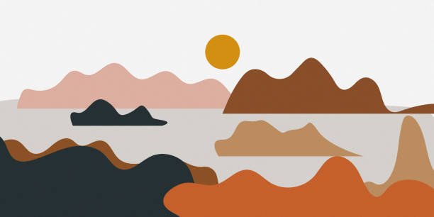 Abstract Landscape of Mountains with the Sun in a Minimal Trendy Style.
