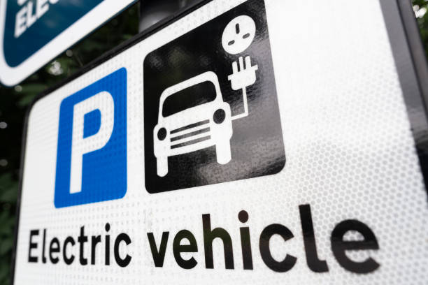Macro image of a sign for a parking restriction, allowing parking only for electric car charging.