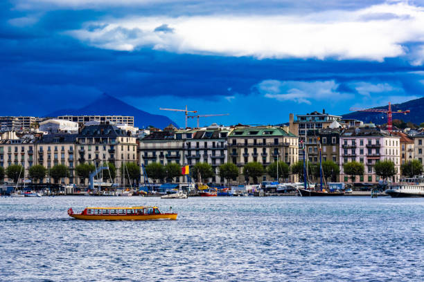 A beautiful scenic lake with boating in Switzerland