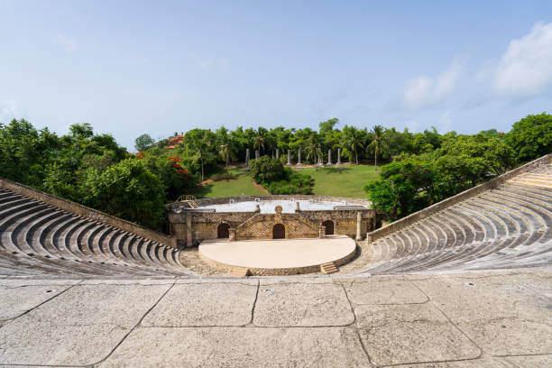 Nice front view of Altos de Chavon amphitheater Altos de Chavon amphitheater, a tourist attraction, re-creation of a old Mediterranean style village in La Romana near the Chavon river, Carribean travel,Dominican republic. british commonwealth stock pictures, royalty-free photos & images