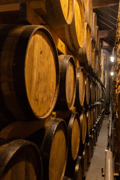 istock Worker in wine , whiskey or brandy warehouse sorting and rotating barrel . Two winemakers in vintage , traditional wine factory rolls barrel . Shot on ARRI ALEXA Cinema Camera in Slow Motion . 2188410161