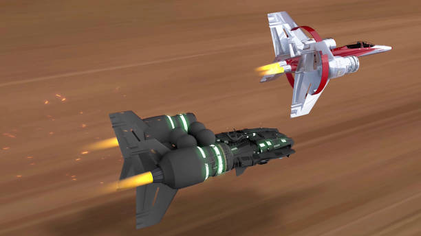 A military drone flies over an oil refinery, fire burning