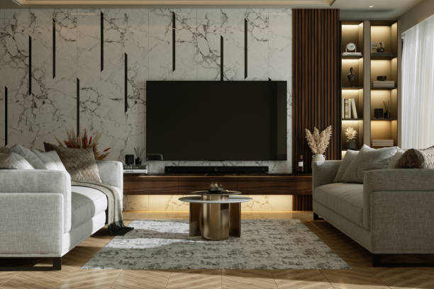 Modern Living Room Interior With Television Set, Sofas, Coffee Table And Parquet Floor