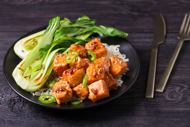 istock Salmon teriyaki with pak choi and rice 2188424690