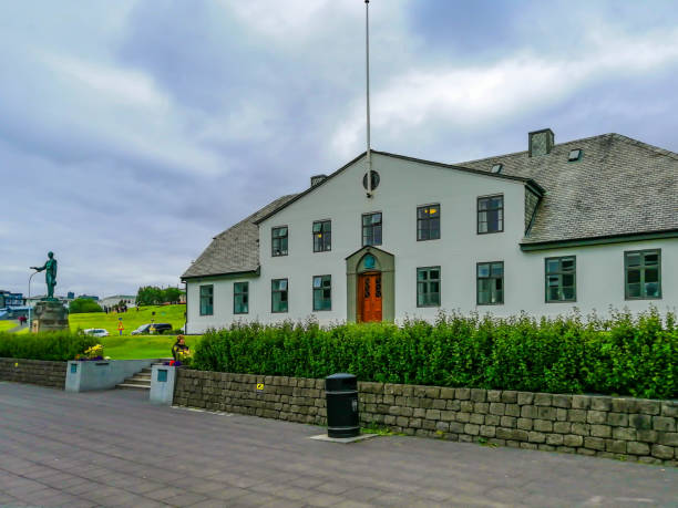 July 19, 2023 -  Akureyri, Iceland.  Tourists explore the historic architecture in the old part of the city.