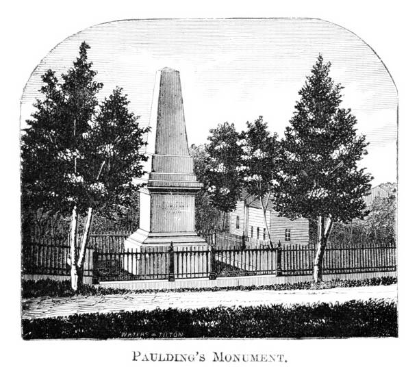 Monument to John Paulding (October 16, 1758 –February 18, 1818), an American militiaman. Monument is in  Patriots Park, Tarrytown, New York, USA. Engraving published 1882. Original edition is from my own archives. Copyright has expired and is in Public Domain.