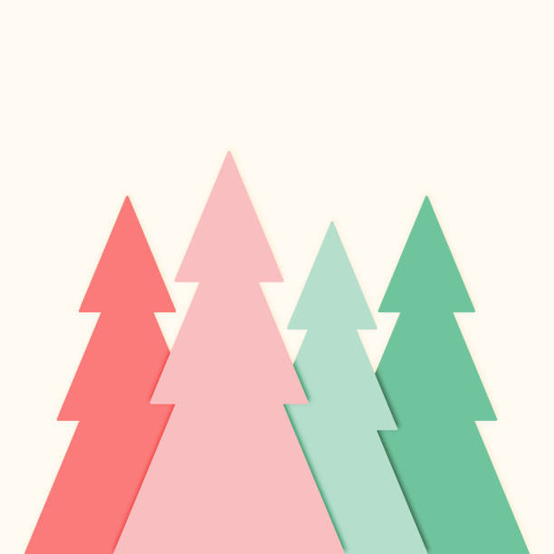 Vector illustration of paper cut-style geometric evergreen forest in poppy and playful shades of red, green, light pink, and light green. Neutral background with copy space provided at top for added text.