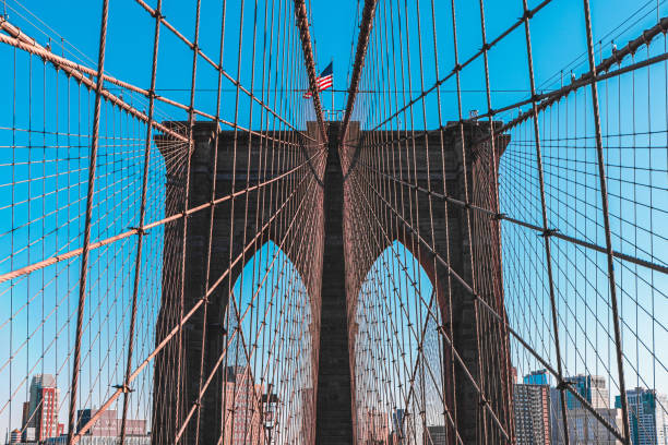 Right cables of the Brooklyn Suspension Bridge linking the boroughs of Manhattan and Brooklyn in New York City (USA), the largest suspension bridge in the world until 1889.