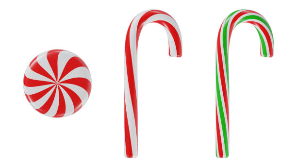 Christmas Candy Cane Set with Peppermint Swirl on White Background.