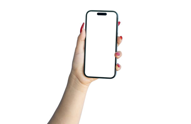 istock Female hand holding blank screen mobile phone isolated white background, clipping path 2188451519