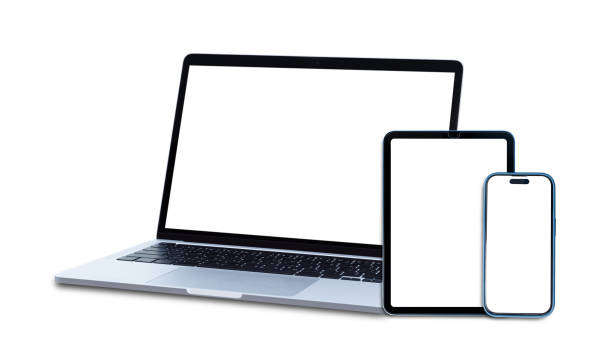 istock Set of smart devices smartphone, tablet and laptop with blank screen isolated on white background, clipping path 2188452432