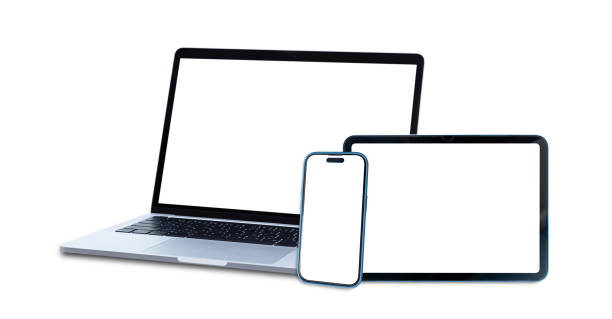 istock Set of smart devices smartphone, tablet and laptop with blank screen isolated on white background, clipping path 2188452442